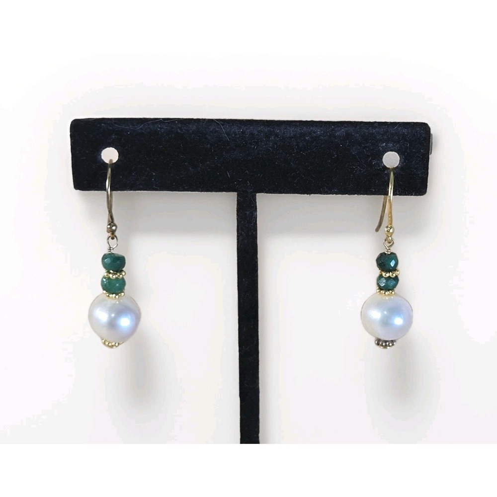 Stauer Pearl Emerald Stone Sterling Drop Earrings Dangle Gold Plated NWT New Bag
